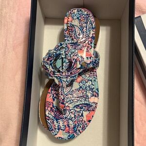 Printed Floral Slide Sandal - Navy & Coral